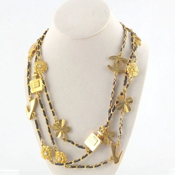 CHANEL CC Logos Pearl No.5 Camellia Leo Leather Necklace 32" 95A Auth w/Box D-10 - Picture 3 of 8